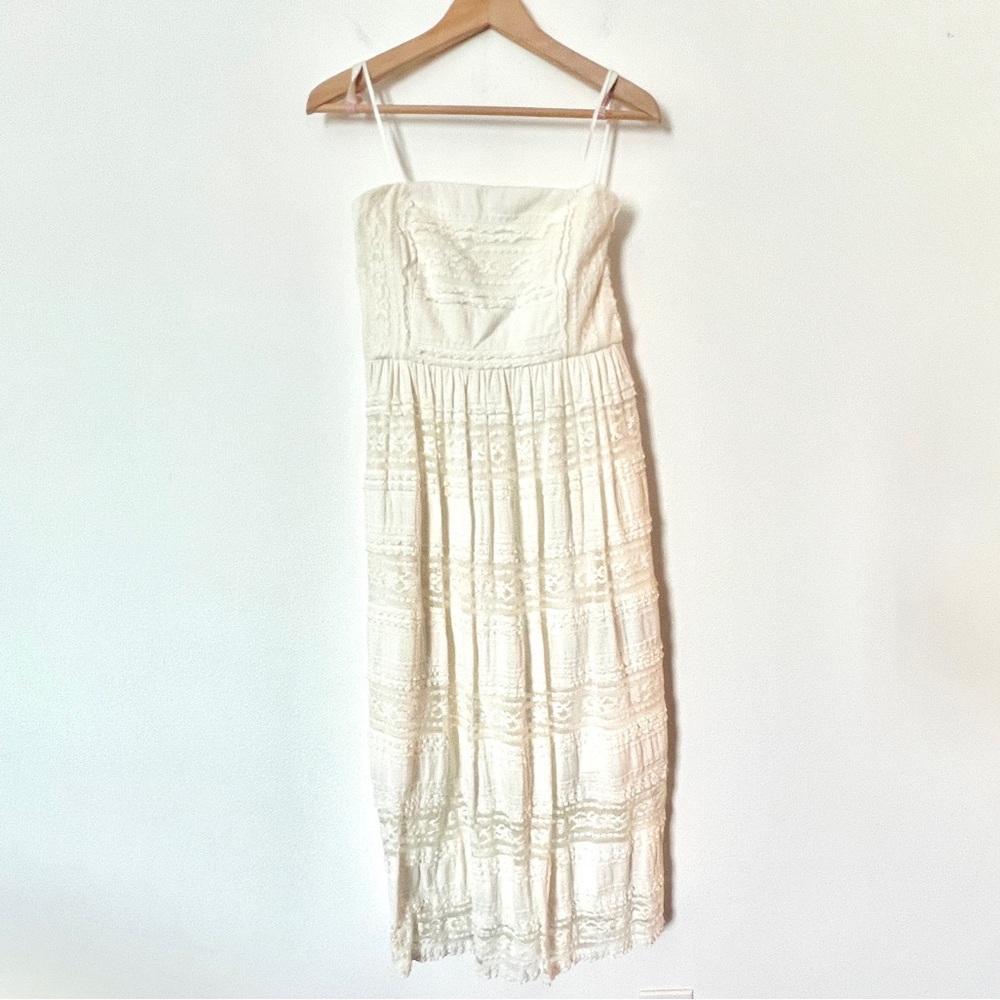 Strapless ivory lace midi dress